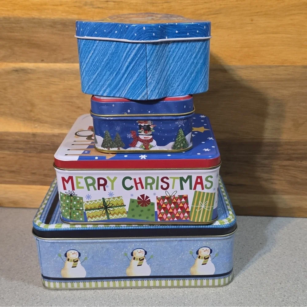 Set of 4 Christmas Snowman Tin Boxes, Rectangle, Square, Bell, Lids Included,